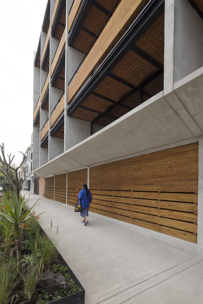 residential complex structure reinforced concrete brick view terrace wood cladding