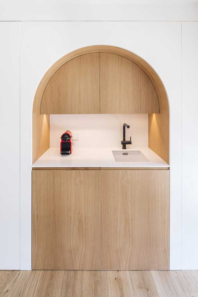 office open space wood-clad kitchen