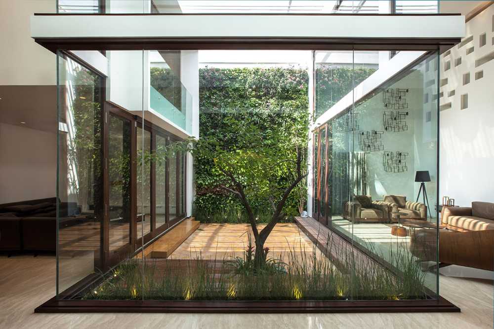 garden interior courtyard glass wood metal
