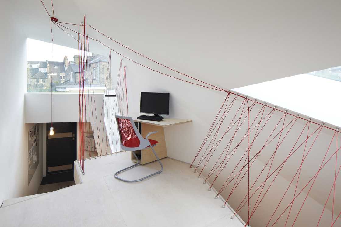 studio office loft wood window red cables
