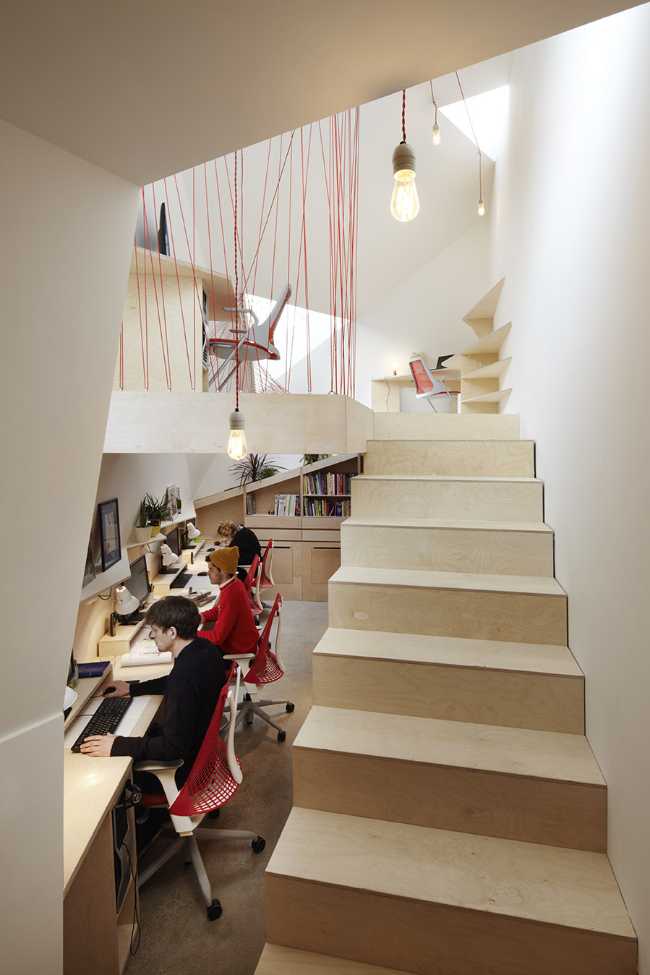 double volume loft staircase wood cables red