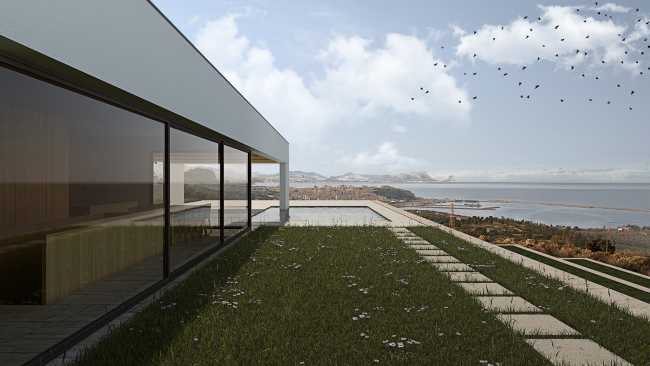 glazed window overlooking sea garden lawn