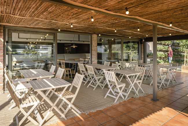 Porch with restaurant tables