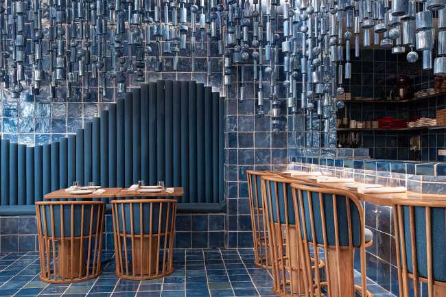 bar restaurant wall facing tile counter bar seating blue wood