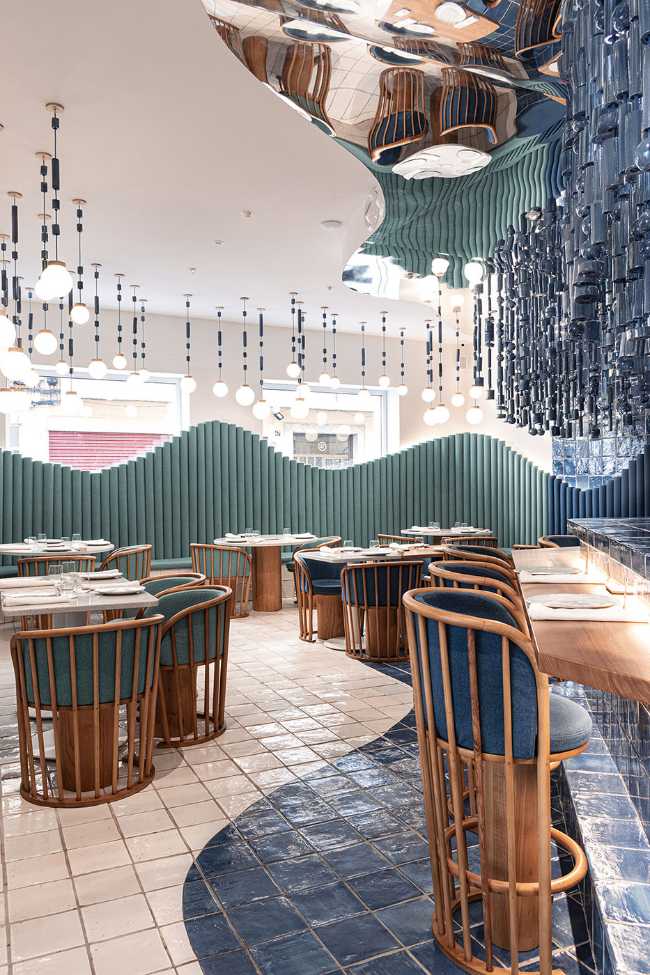 bar restaurant wall facing tile counter bar seating blue wood