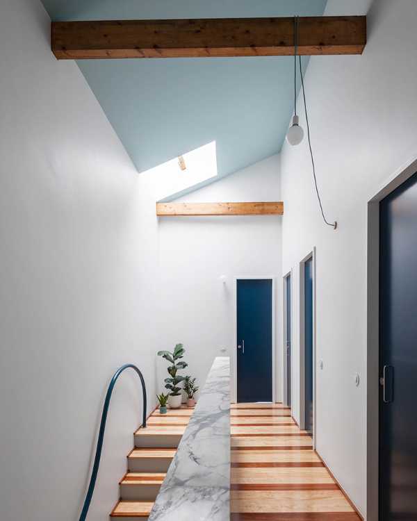 Interior home parquet and ceiling blue