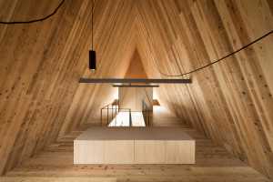 Rica trama de madera y prisma triangular para una vivienda familiar.