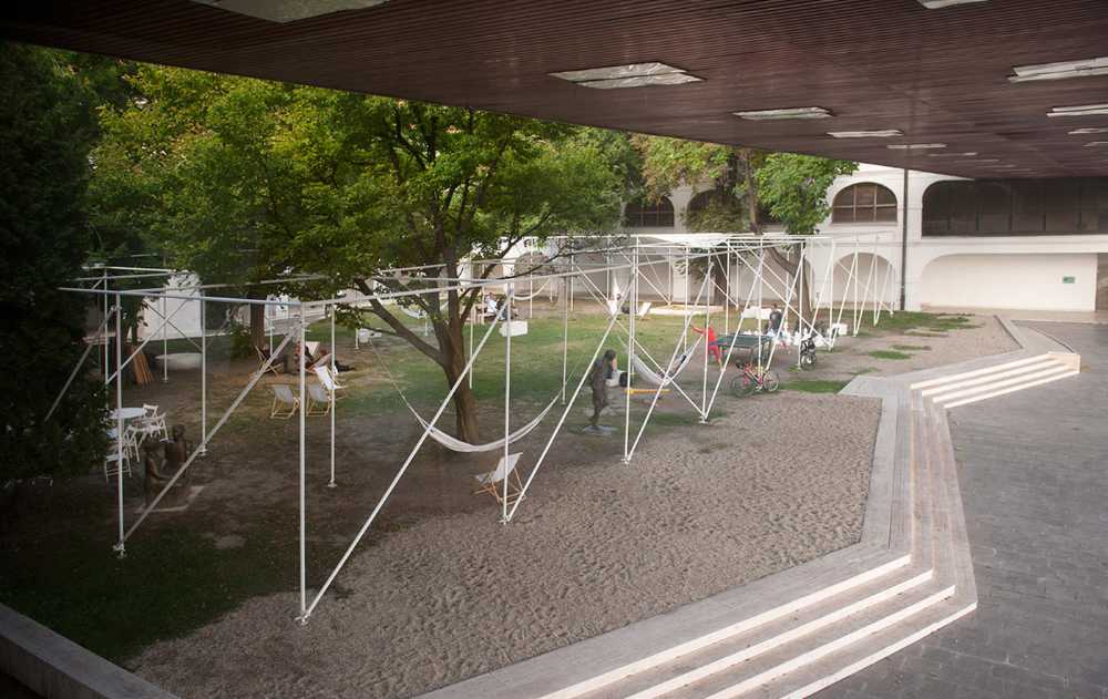 Temporary Summer Pavillon in Bratislava illuminated