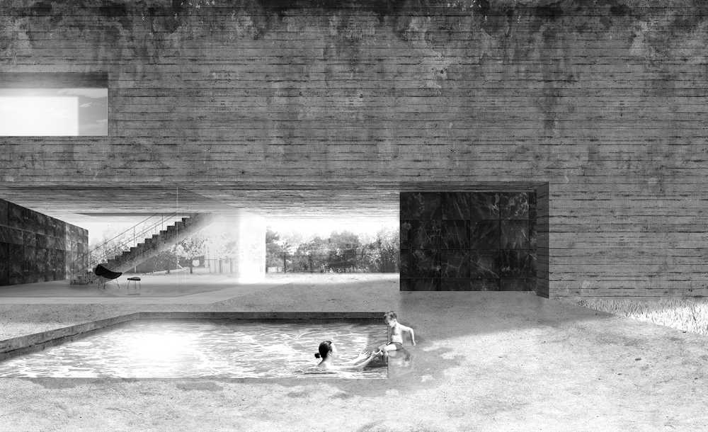 house forest reinforced concrete structure, garden