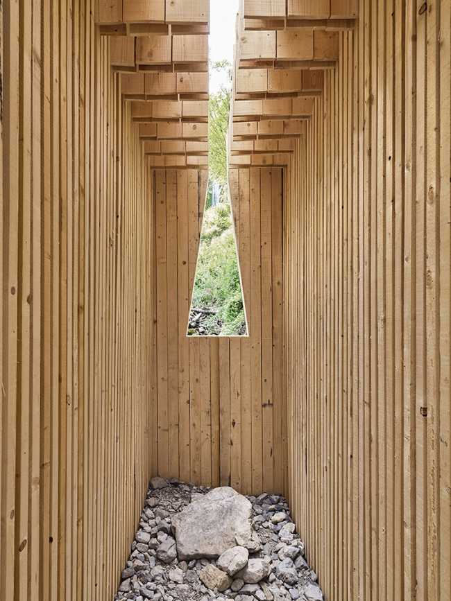 Interior light wood crevice of the chapel