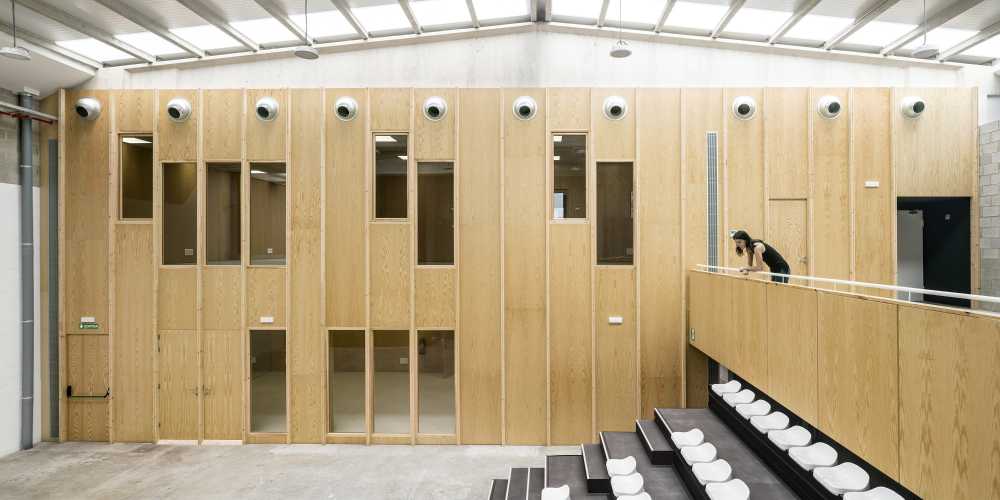 Multifunctional center with wood-clad interior