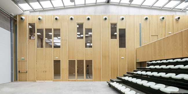 Multifunctional center with wood-clad interior