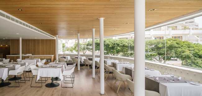 resort restaurant terrace furniture wood cladding