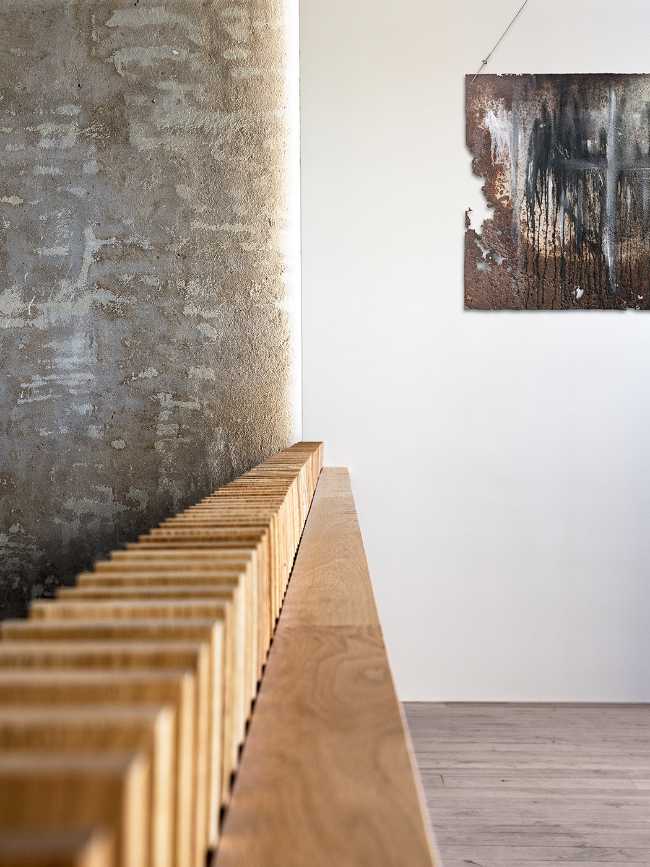 exposed brick wall wooden parapet