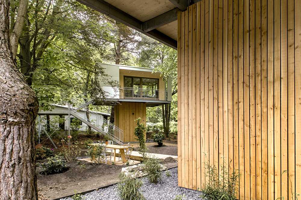 Casa sull'albero con basamento quadrato rivestito in legno