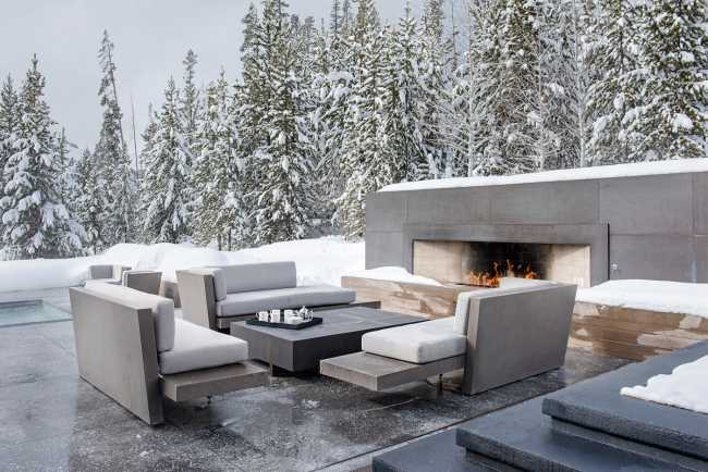 outdoor villa snow fireplace