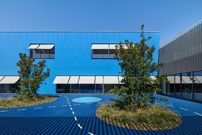 Patio azul con plantas