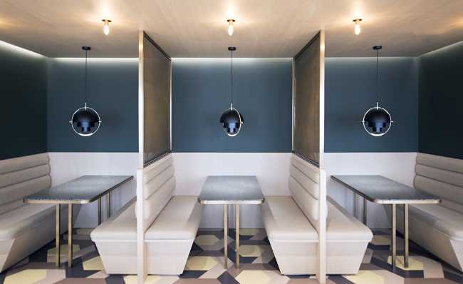 Tables with dividers and blue wall