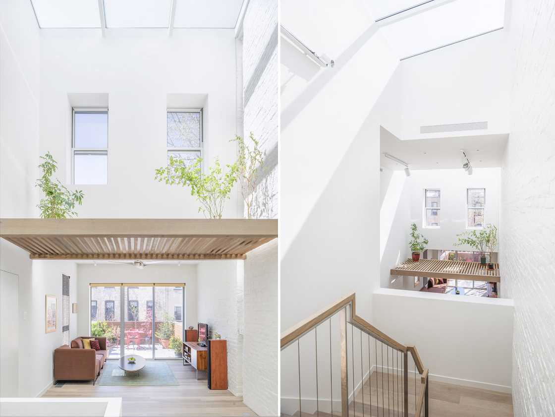 Interior renovation in Brooklyn. Triple-height space at the center of living spaces
