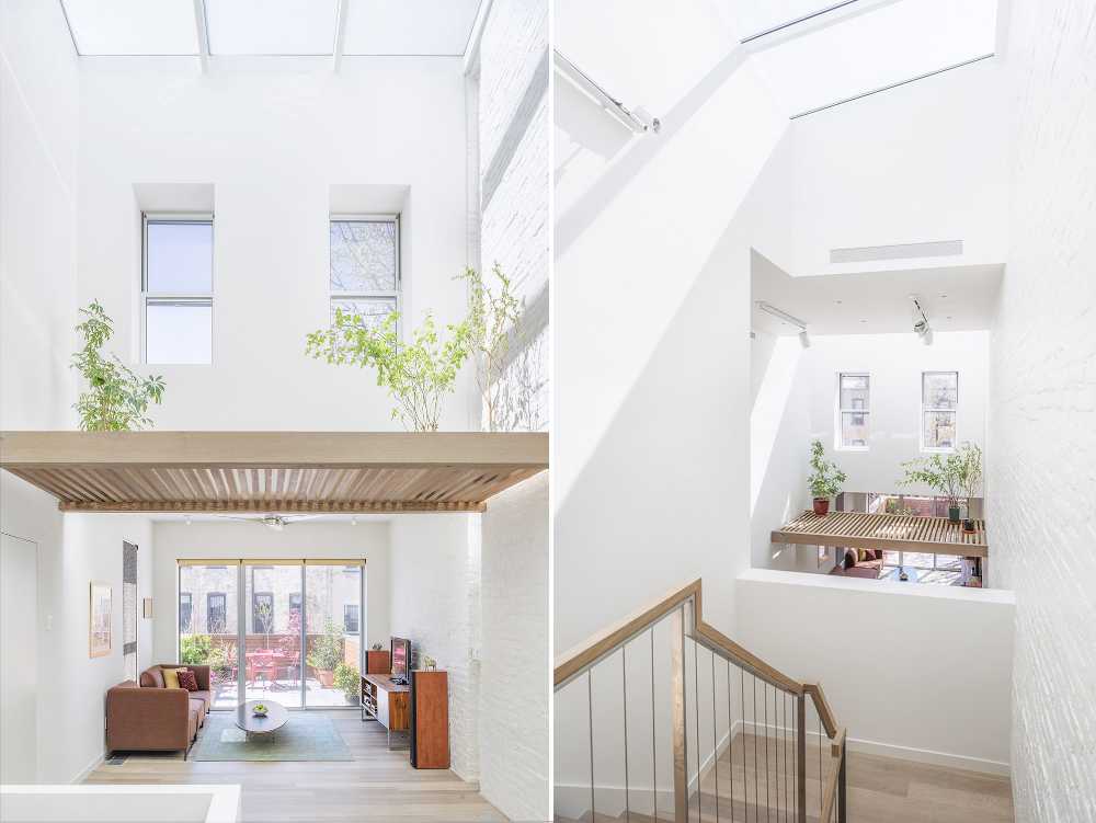 Interior renovation in Brooklyn. Triple-height space at the center of living spaces