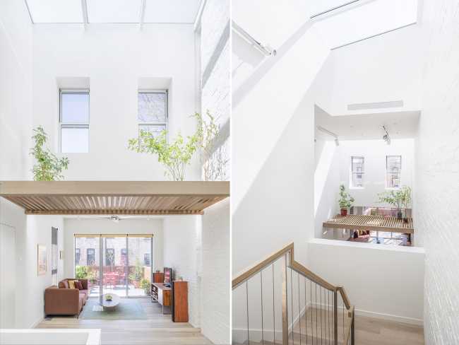 Interior renovation in Brooklyn. Triple-height space at the center of living spaces