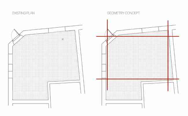 Sala de exposiciones y sastrería en Kiev. Formas simples en una planta históricade geometría compleja