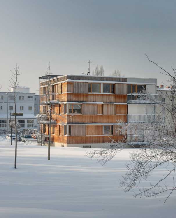 One cube, four facades. Warm, soft wood complements the white plaster façade