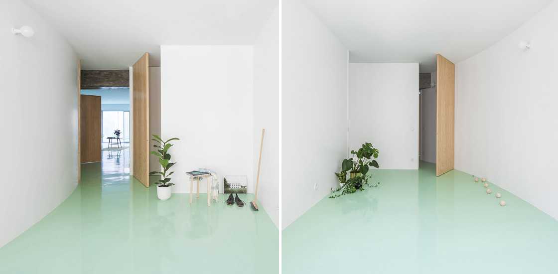 Floor of a redesigned modernist apartment building. The mint green floor links all the spaces